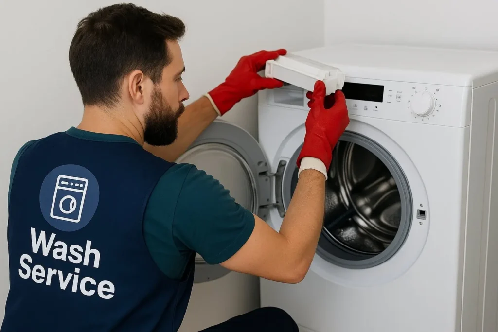 Appliance repair technician servicing an appliance in a Philadelphia rowhome